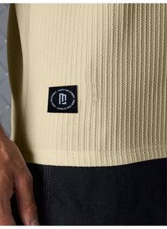 Maniac Maniac Men Solid Round Neck 3/4th Sleeve Beige Seersucker CottonBlend Oversized T-Shirt  - Image 4
