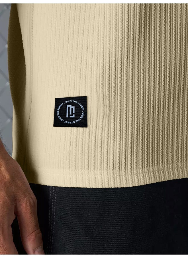 Maniac Maniac Men Solid Round Neck 3/4th Sleeve Beige Seersucker CottonBlend Oversized T-Shirt  - Image 4