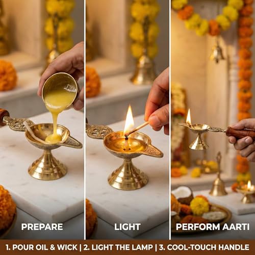 PITARA HOMES 100% Pure Brass Spoon Aarti Diya with Wooden Handle | Medium Size Pooja Diya | Traditional Oil Lamp for Temple, Prayer & Festivals | Housewarming & Indian Ceremonial Gifting - Image 3
