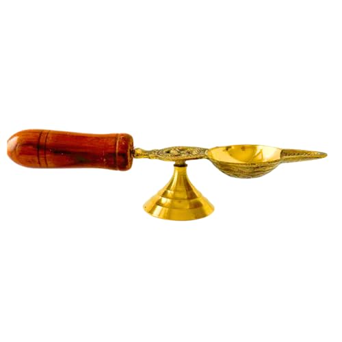 PITARA HOMES 100% Pure Brass Spoon Aarti Diya with Wooden Handle | Medium Size Pooja Diya | Traditional Oil Lamp for Temple, Prayer & Festivals | Housewarming & Indian Ceremonial Gifting - Image 1