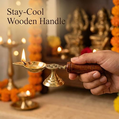 PITARA HOMES 100% Pure Brass Spoon Aarti Diya with Wooden Handle | Medium Size Pooja Diya | Traditional Oil Lamp for Temple, Prayer & Festivals | Housewarming & Indian Ceremonial Gifting - Image 2