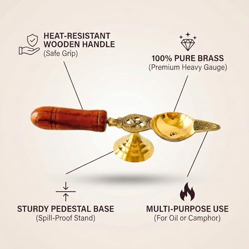 PITARA HOMES 100% Pure Brass Spoon Aarti Diya with Wooden Handle | Medium Size Pooja Diya | Traditional Oil Lamp for Temple, Prayer & Festivals | Housewarming & Indian Ceremonial Gifting - Image 5