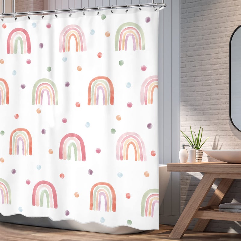 Ufeela Kids Rainbow Shower Curtain for Girls  Boho Pink Polka Dot Shower Curtain  Cute Girly Toddler Nursery Child Bathroom Set Modern Minimalist Aesthetic Curtain Bathtub Accessories Decor 60Wx72L - Image 2