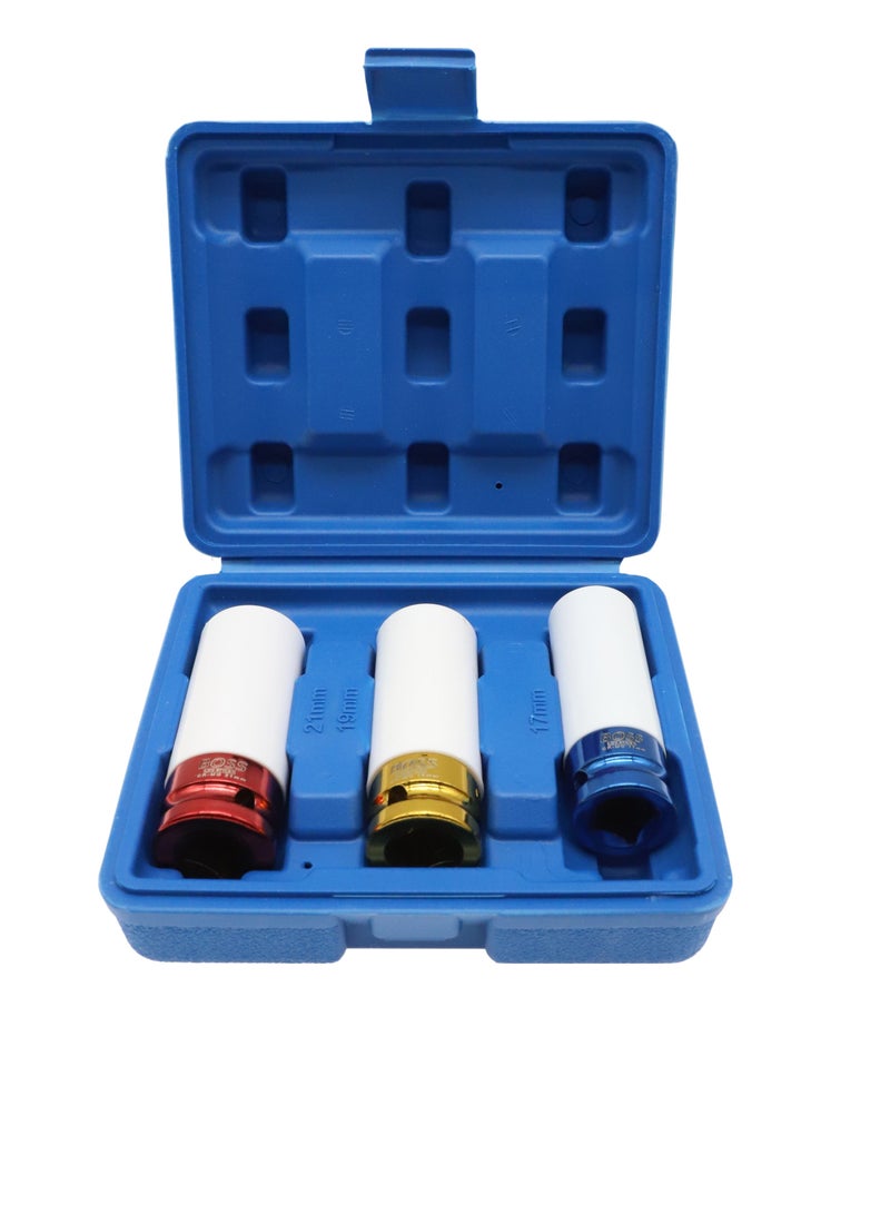 BOSS LIFE STYLE 3pcs 1/2" Drive Thin Wall Wheel Deep Impact Nut Socket Set 17mm 19mm 21 mm Car Garage Tool with Case - Image 1