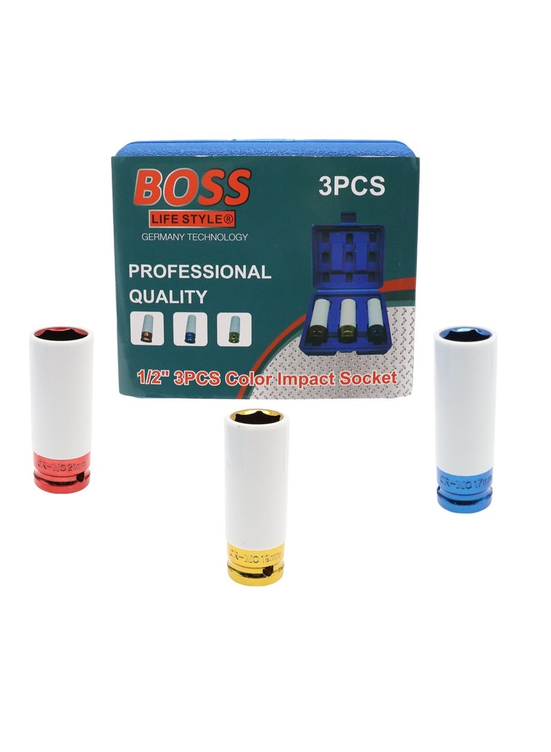 BOSS LIFE STYLE 3pcs 1/2" Drive Thin Wall Wheel Deep Impact Nut Socket Set 17mm 19mm 21 mm Car Garage Tool with Case - Image 2