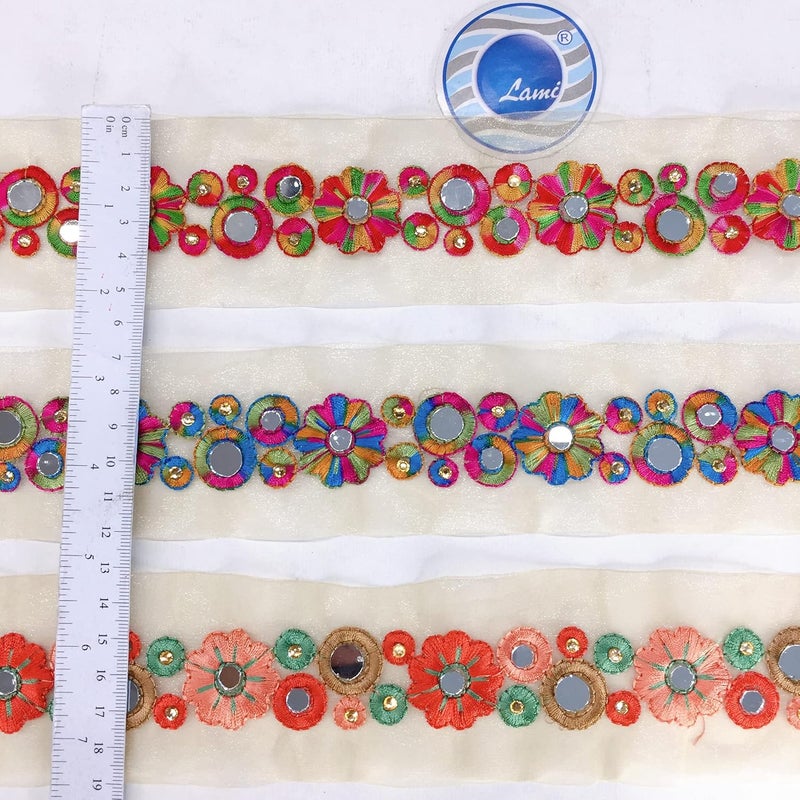 Lami 9 Meter Multi Colour Resham Embroidery Trim Lace Border, Mirror & Diamond Stone Work Embroidered Lace, Beige Glass Nylon Base, Designer Saree Lace, Bridal Lehenga Dupatta (Multicolor) - Image 4