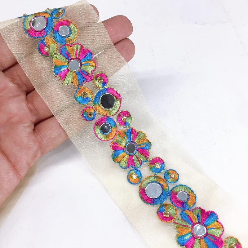 Lami 9 Meter Multi Colour Resham Embroidery Trim Lace Border, Mirror & Diamond Stone Work Embroidered Lace, Beige Glass Nylon Base, Designer Saree Lace, Bridal Lehenga Dupatta (Multicolor) - Image 1