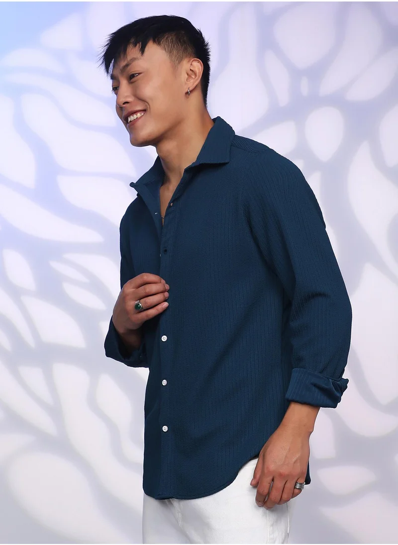 Campus Sutra Men's Aegean Blue Stripe-Creased Shirt