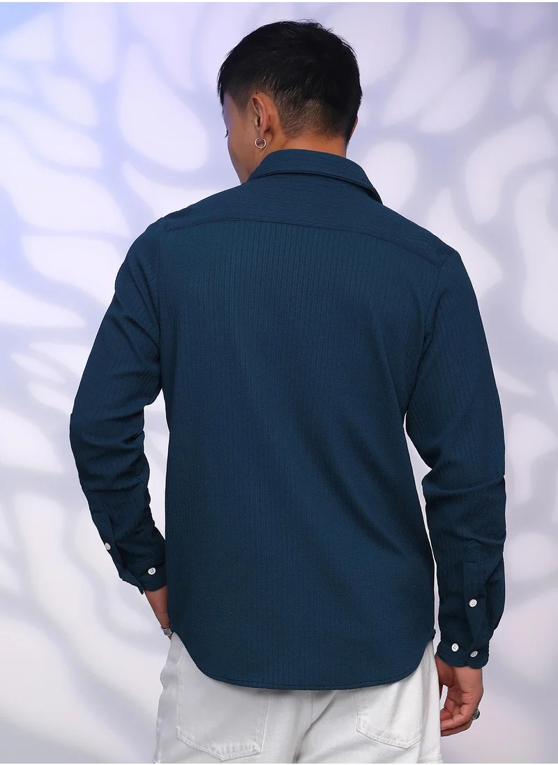 Campus Sutra Men's Aegean Blue Stripe-Creased Shirt
