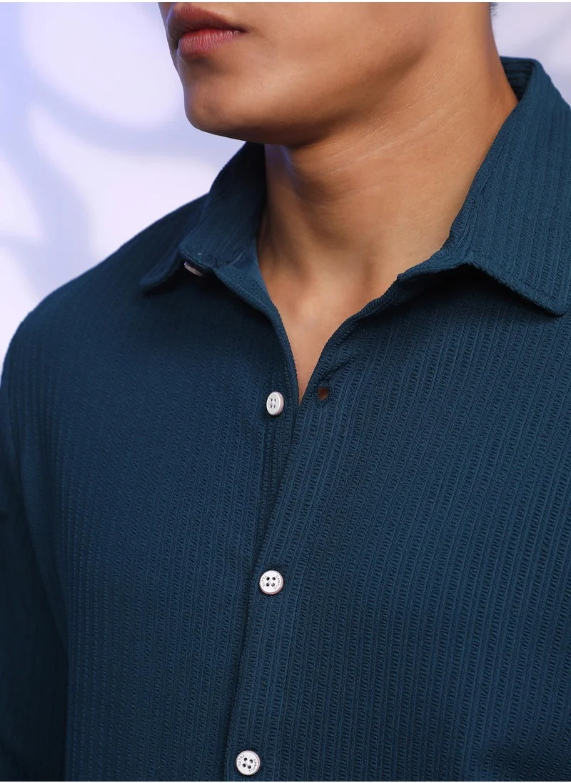 Campus Sutra Men's Aegean Blue Stripe-Creased Shirt