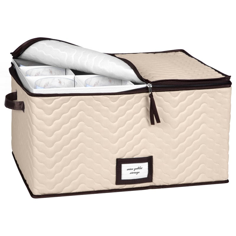 HOLDN’ STORAGE Wine Glass Storage Box with Dividers - Holds 12 Standard Size Wine Glasses up to 10" Tall - Stemware Storage Case - Protects Fine China - Durable Quilted Microfiber Bin with Carry Handles - Image 1