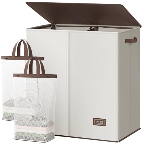 SOLEDI Large Double Laundry Hamper with Lid,165L Collapsible Clothes Hamper 2 section with Removable Bags, Space-Saving Laundry Basket for Bedroom, Dorm, College - Image 1