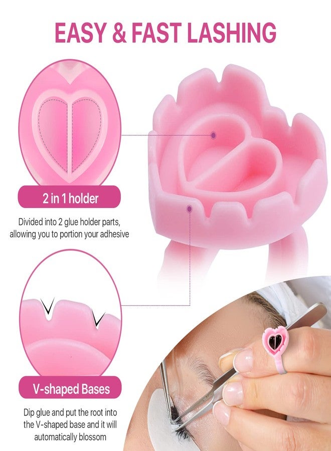 Pretty memory 150 Pcs Glue Rings for Eyelash Extensions, Lovely Heart-Shaped Lash Glue Rings Blooming Eyelash Glue Holder Volume Fanning Cup Lash Extension Supplies, Pink - Image 3