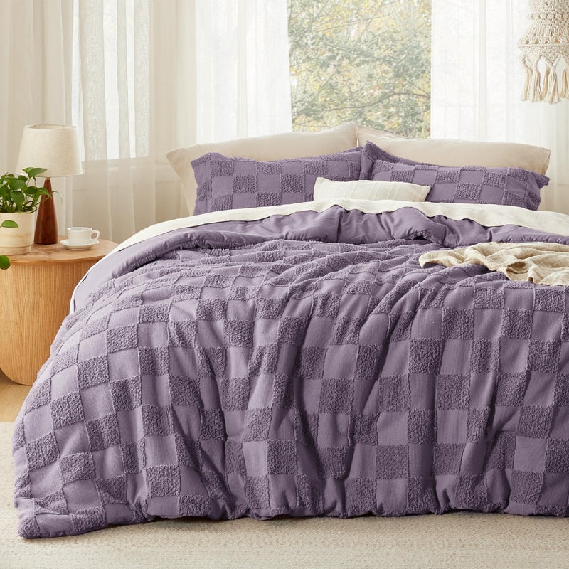 Bedsure King Size Comforter Set Grayish Purple, Boho Tufted Bed Set, Checkered Farmhouse Shabby Chic Bedding, 3 Pieces, 1 Plaid Geometric Comforter and 2 Pillow Shams - Image 1