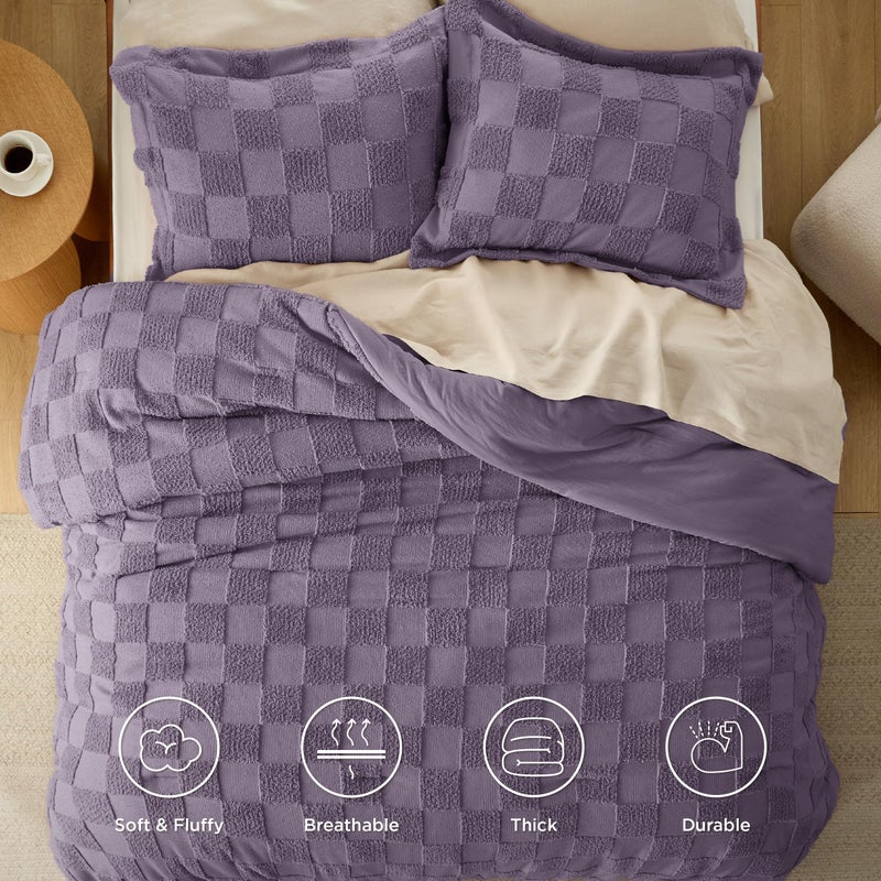 Bedsure King Size Comforter Set Grayish Purple, Boho Tufted Bed Set, Checkered Farmhouse Shabby Chic Bedding, 3 Pieces, 1 Plaid Geometric Comforter and 2 Pillow Shams - Image 4