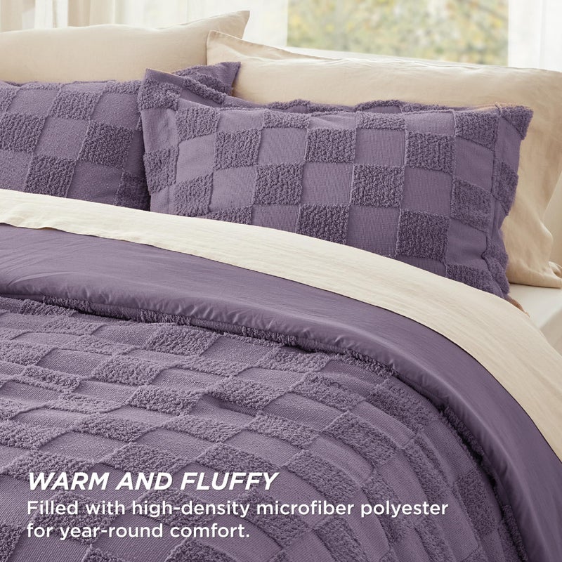 Bedsure King Size Comforter Set Grayish Purple, Boho Tufted Bed Set, Checkered Farmhouse Shabby Chic Bedding, 3 Pieces, 1 Plaid Geometric Comforter and 2 Pillow Shams - Image 2