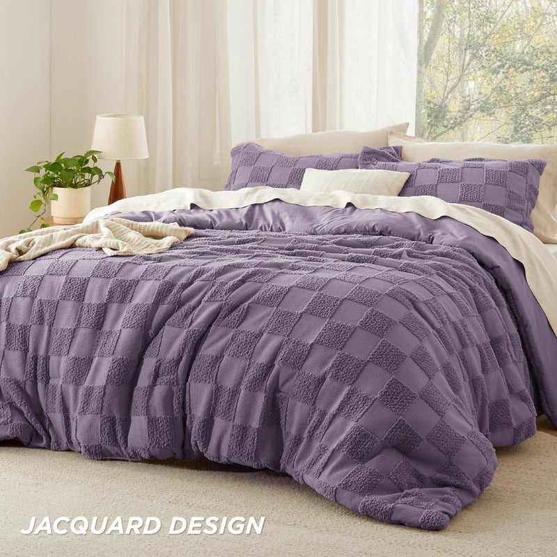 Bedsure King Size Comforter Set Grayish Purple, Boho Tufted Bed Set, Checkered Farmhouse Shabby Chic Bedding, 3 Pieces, 1 Plaid Geometric Comforter and 2 Pillow Shams - Image 3