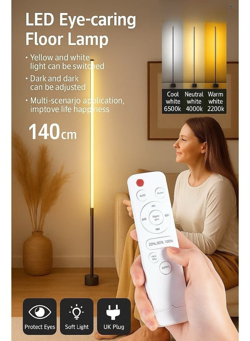 NourLayan 140cm LED Floor Lamp | 3-Color Dimmable Eye Protection Standing Lamp with Remote Control | Modern Atmosphere Light for Living Room, Bedroom & Study (UK Plug) - Image 1