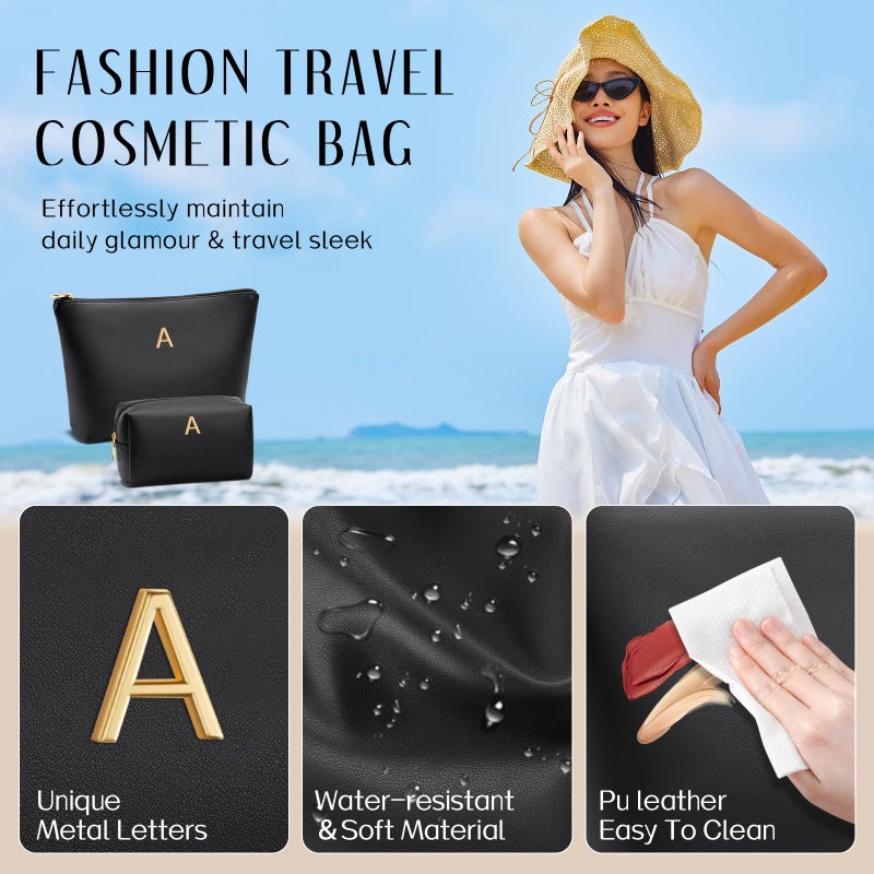 CLOUDWINGS Easter Basket Gifts for Women Girlfriend Initial Makeup Bag for Teen Girls Personalized Gifts for Friend Teacher Mom Wife Cosmetic Travel Toiletry Bag(Black,A) - Image 3