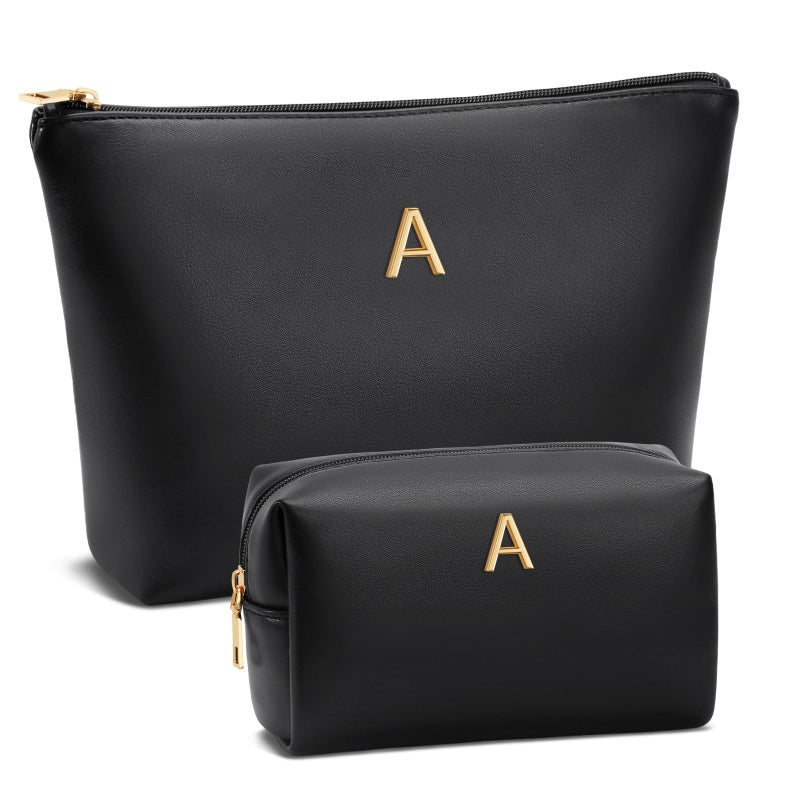 CLOUDWINGS Easter Basket Gifts for Women Girlfriend Initial Makeup Bag for Teen Girls Personalized Gifts for Friend Teacher Mom Wife Cosmetic Travel Toiletry Bag(Black,A) - Image 1