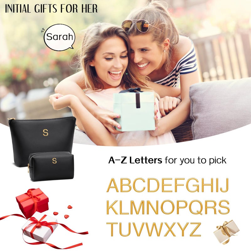 CLOUDWINGS Easter Basket Gifts for Women Girlfriend Initial Makeup Bag for Teen Girls Personalized Gifts for Friend Teacher Mom Wife Cosmetic Travel Toiletry Bag(Black,A) - Image 2