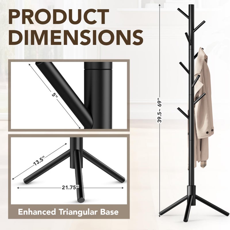 Hupmad Wooden Tree Coat Rack Stand,Sturdy Freestanding Coat Rack with 8 Hooks,3 Adjustable Height for Child Adult,Wood Coat Stand Tree Fits Entryway Bedroom Office for Bags,Hats - Image 5