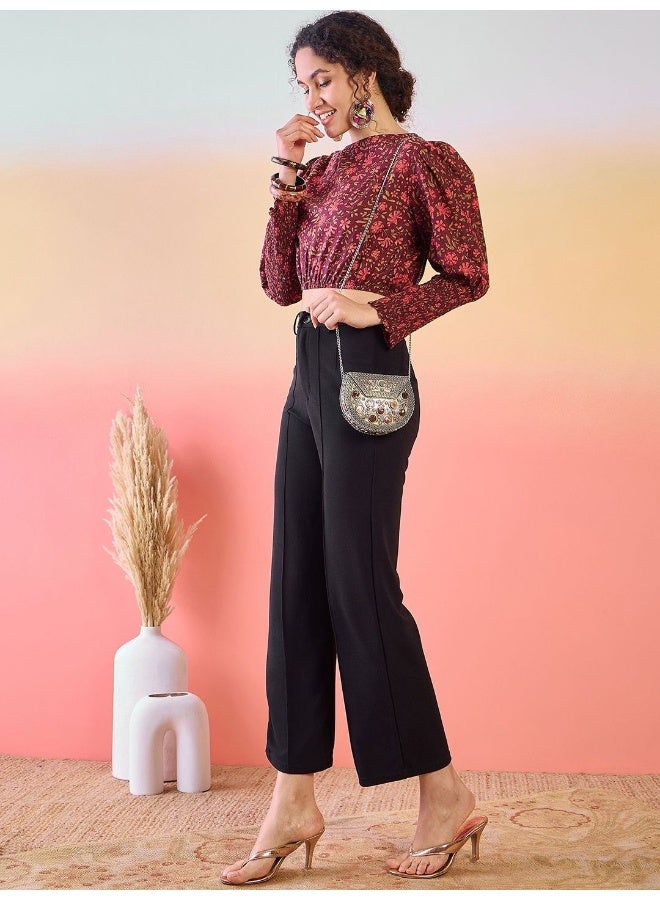 AKS Floral Printed Puff Sleeves Cotton Crop Top - Image 4