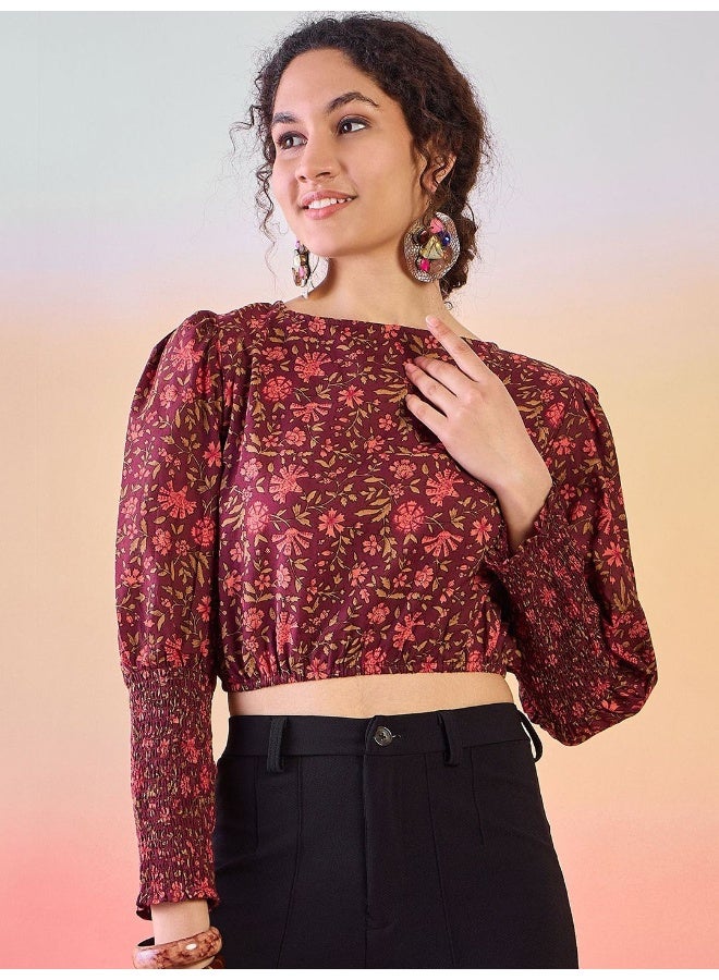 AKS Floral Printed Puff Sleeves Cotton Crop Top - Image 1