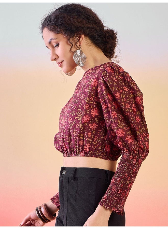 AKS Floral Printed Puff Sleeves Cotton Crop Top - Image 3