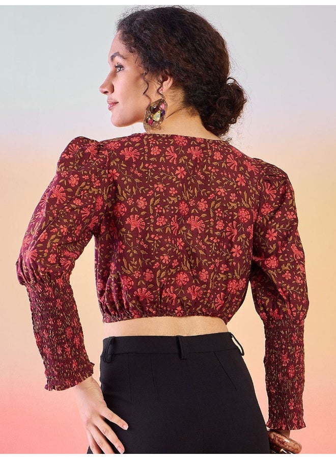 AKS Floral Printed Puff Sleeves Cotton Crop Top - Image 5