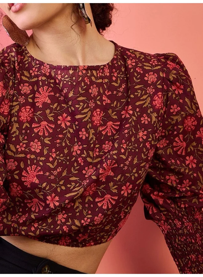 أيه كيه إس Floral Printed Puff Sleeves Cotton Crop Top