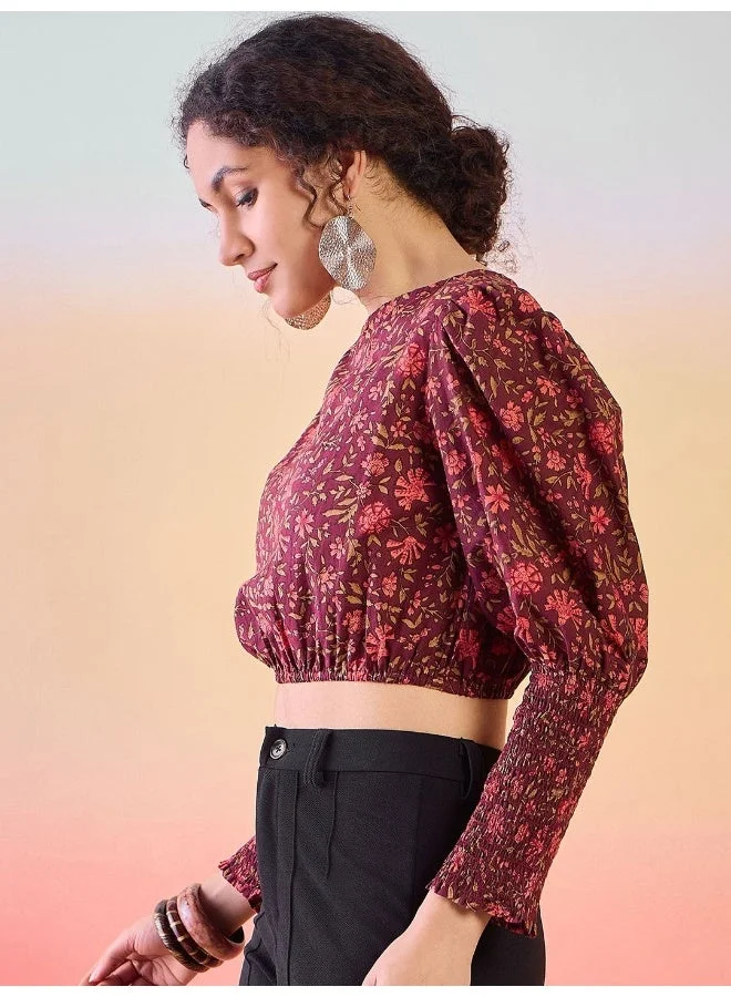 AKS  Floral Printed Puff Sleeves Cotton Crop Top for Women | Best Price UAE