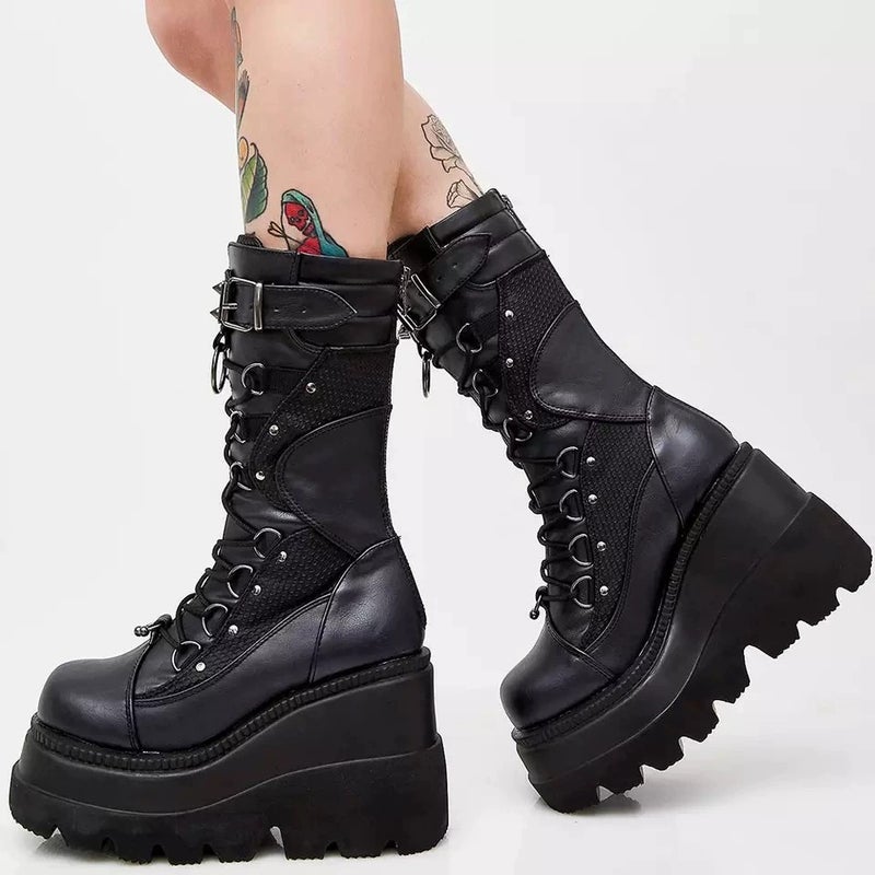 Wedge Rider Boots Women's 2023 New Plus Size Punk Style Handsome Thick Bottom Medium Boots for Women - Image 4