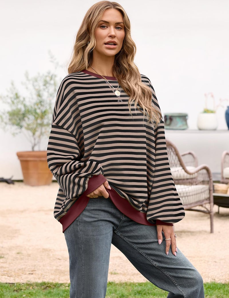 UEU Womens Crewneck Sweatshirt Long Sleeve Casual Striped Color Block Cotton Pullover Shirts Black Coffee XX-Large - Image 3