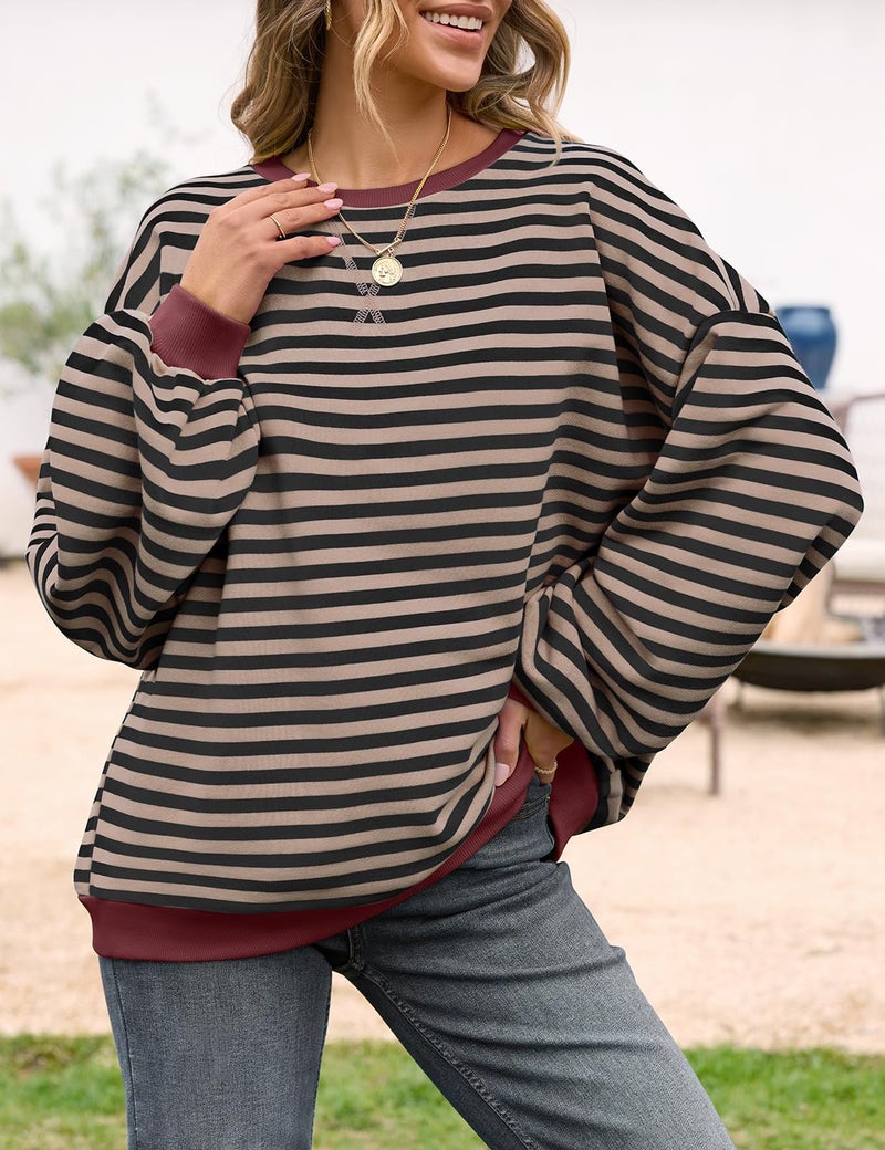 UEU Womens Crewneck Sweatshirt Long Sleeve Casual Striped Color Block Cotton Pullover Shirts Black Coffee XX-Large - Image 2