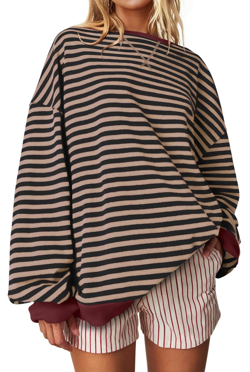 UEU Womens Crewneck Sweatshirt Long Sleeve Casual Striped Color Block Cotton Pullover Shirts Black Coffee XX-Large - Image 1