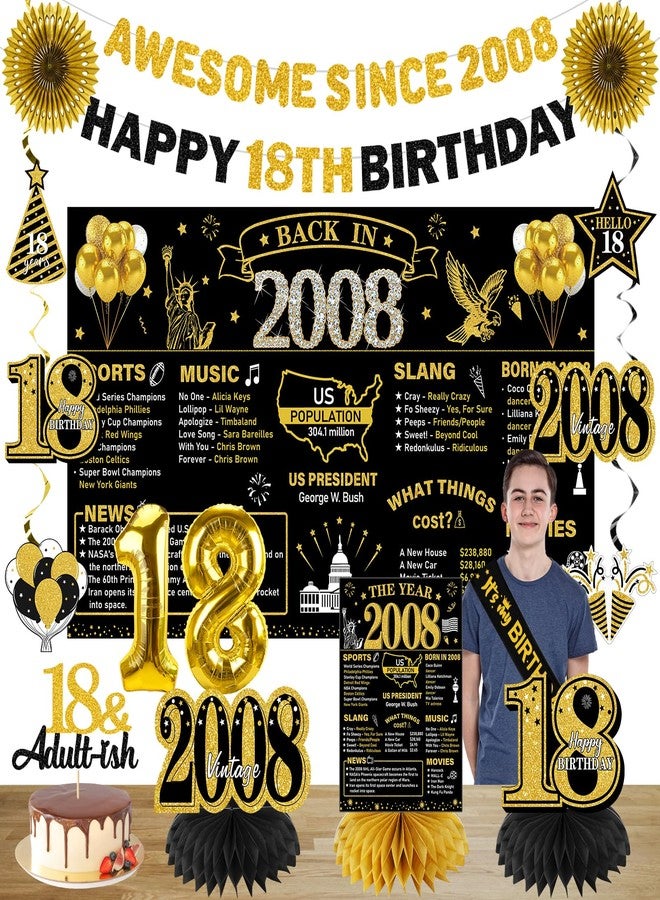 Turypaty 2007 18th Birthday Decorations for Boys Girls, Black Gold Happy 18 Year Old Birthday Banner Backdrop Wall Sign Balloons Sash Table Cake Topper Honeycomb Centerpieces Paper Fans Party Supplies - Image 1