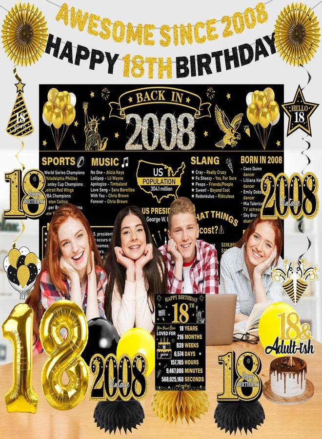 Turypaty 2007 18th Birthday Decorations for Boys Girls, Black Gold Happy 18 Year Old Birthday Banner Backdrop Wall Sign Balloons Sash Table Cake Topper Honeycomb Centerpieces Paper Fans Party Supplies - Image 4