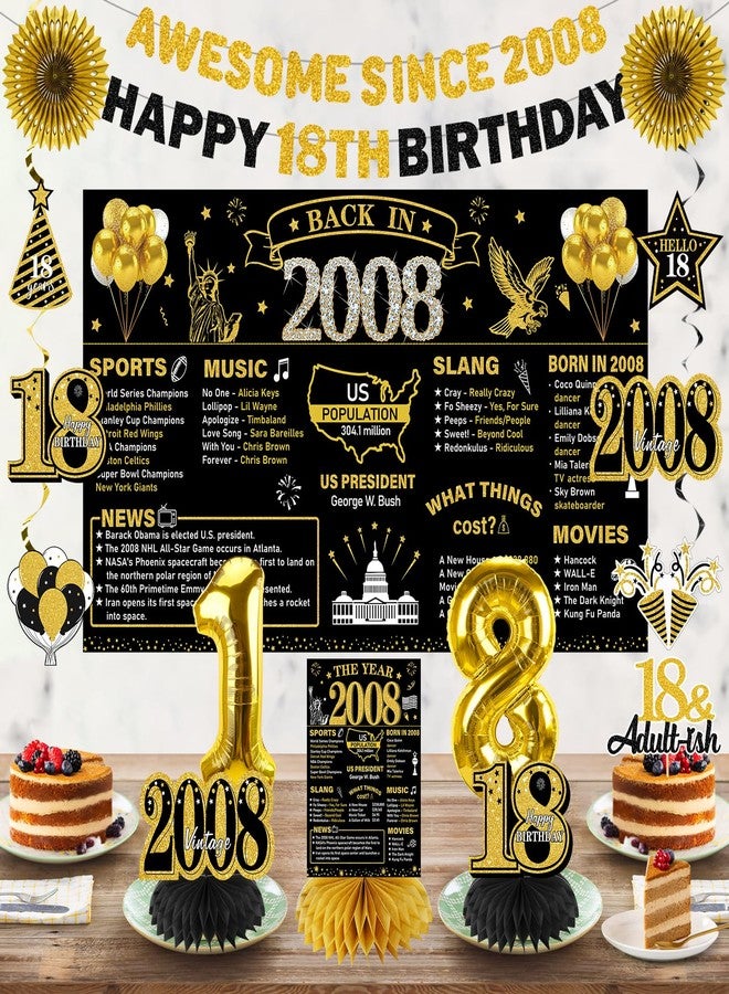 Turypaty 2007 18th Birthday Decorations for Boys Girls, Black Gold Happy 18 Year Old Birthday Banner Backdrop Wall Sign Balloons Sash Table Cake Topper Honeycomb Centerpieces Paper Fans Party Supplies - Image 5