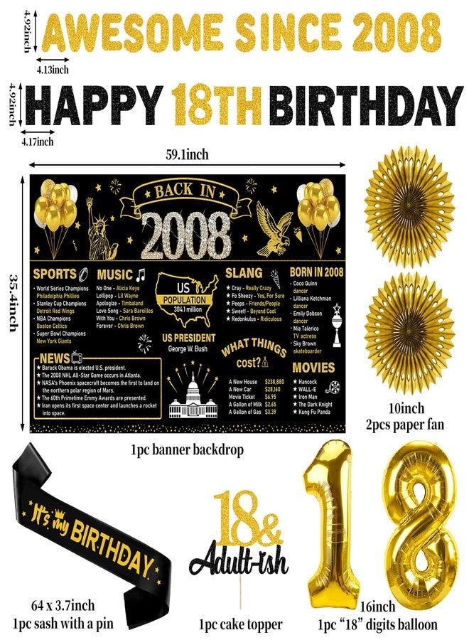 Turypaty 2007 18th Birthday Decorations for Boys Girls, Black Gold Happy 18 Year Old Birthday Banner Backdrop Wall Sign Balloons Sash Table Cake Topper Honeycomb Centerpieces Paper Fans Party Supplies - Image 3