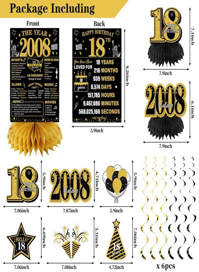 Turypaty 2007 18th Birthday Decorations for Boys Girls, Black Gold Happy 18 Year Old Birthday Banner Backdrop Wall Sign Balloons Sash Table Cake Topper Honeycomb Centerpieces Paper Fans Party Supplies - Image 2