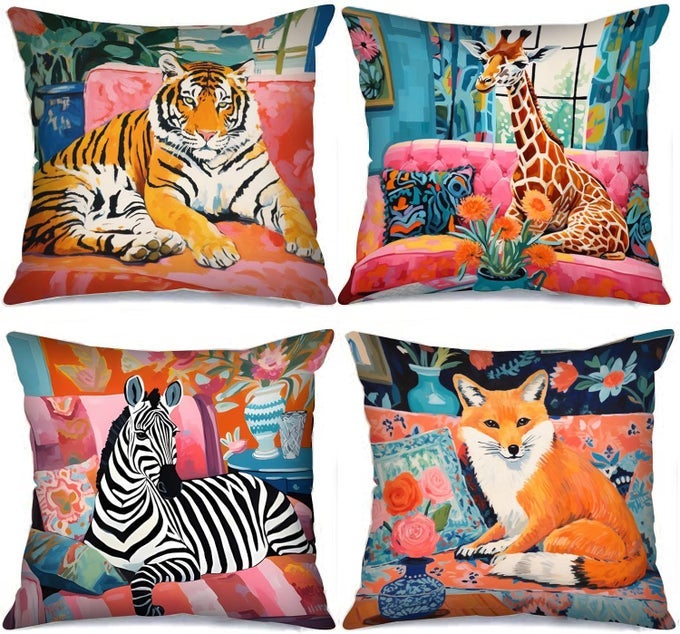 FOREST ANIMAL DECOR TIGER AND GIRAFFE THROW PILLOW COVER WILDLIFE ZEBRA COVERS 4 SET FOXHOMEPLANTS PILLOW CUSHION COVER FOR LIVING ROOM COUCH SOFA OFFICE BOHO FLOWERS GIFT18 X18 INCH