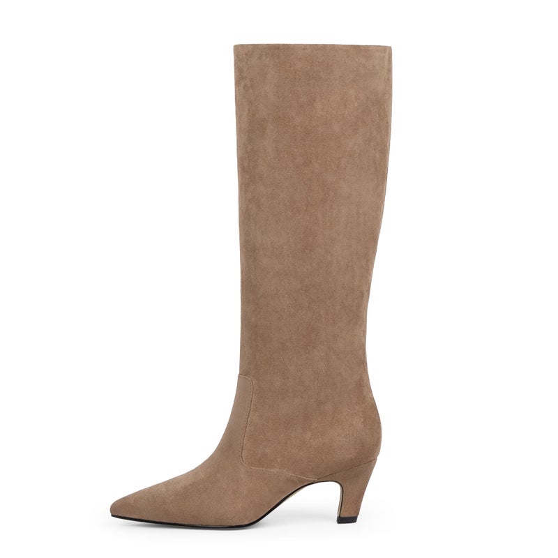 Easyfox Tan Suede Knee High Boots Women Pointed Toe Kitten Chunky Heel 2025 Fall Tall Boots Side Zipper Faux Leather Long Boots Size 8 - Image 4