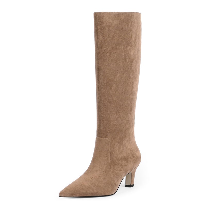 Easyfox Tan Suede Knee High Boots Women Pointed Toe Kitten Chunky Heel 2025 Fall Tall Boots Side Zipper Faux Leather Long Boots Size 8 - Image 1