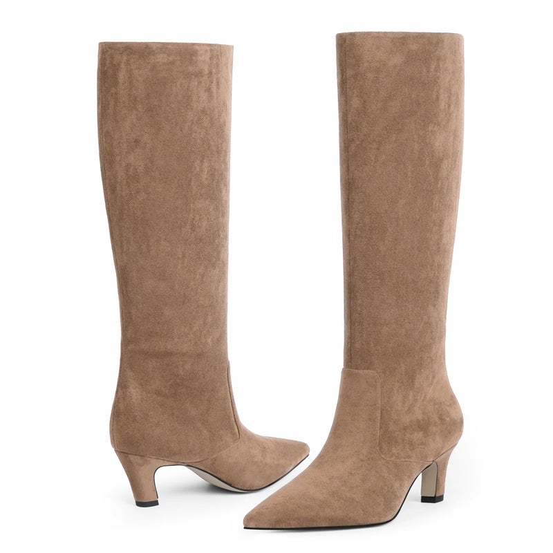 Easyfox Tan Suede Knee High Boots Women Pointed Toe Kitten Chunky Heel 2025 Fall Tall Boots Side Zipper Faux Leather Long Boots Size 8 - Image 5