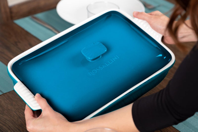 ROSSALLINI Stoneware Casserole Dish Bakeware Set with Lid, Covered Rectangular Dinnerware, Large 3.2 Quart, 11 by 9 Inch [Ocean Blue] - Image 4