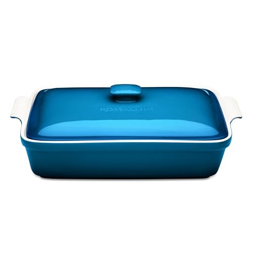 ROSSALLINI Stoneware Casserole Dish Bakeware Set with Lid, Covered Rectangular Dinnerware, Large 3.2 Quart, 11 by 9 Inch [Ocean Blue] - Image 1