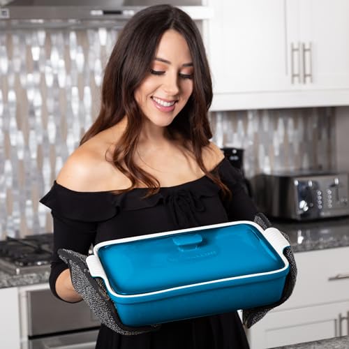 ROSSALLINI Stoneware Casserole Dish Bakeware Set with Lid, Covered Rectangular Dinnerware, Large 3.2 Quart, 11 by 9 Inch [Ocean Blue] - Image 3