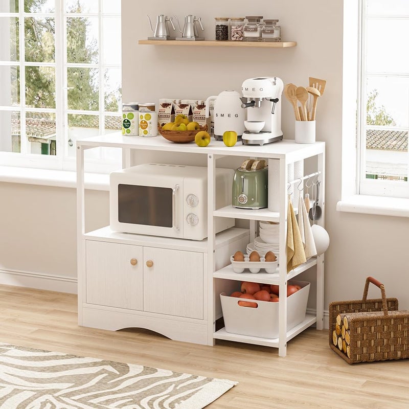 JANTENS Coffee Corner Stand,3-Shelf Coffee Bar Station,Kitchen Cabinet with 5-S Hook,Microwave Rack, Buffet Sideboard Cabinet,Kitchen Storage Stand for Living Room (White) - Image 1