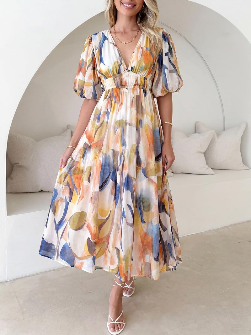 Maxigerui Women's Summer Floral Maxi Dress Spring Wedding Guest Dress 2026 Blue Watercolor XL - Image 5